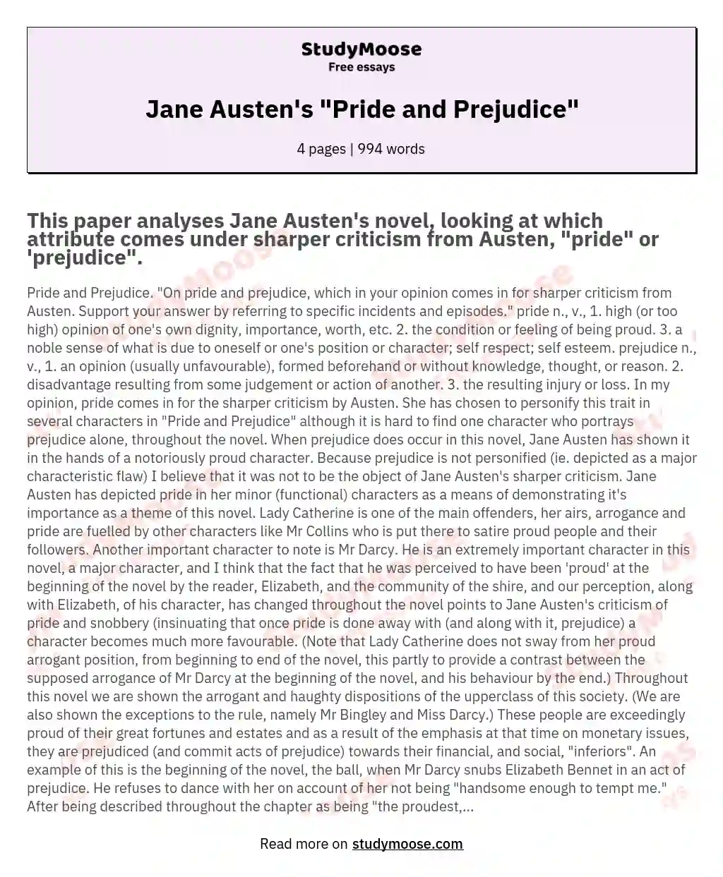 Jane Austen's "Pride and Prejudice" essay