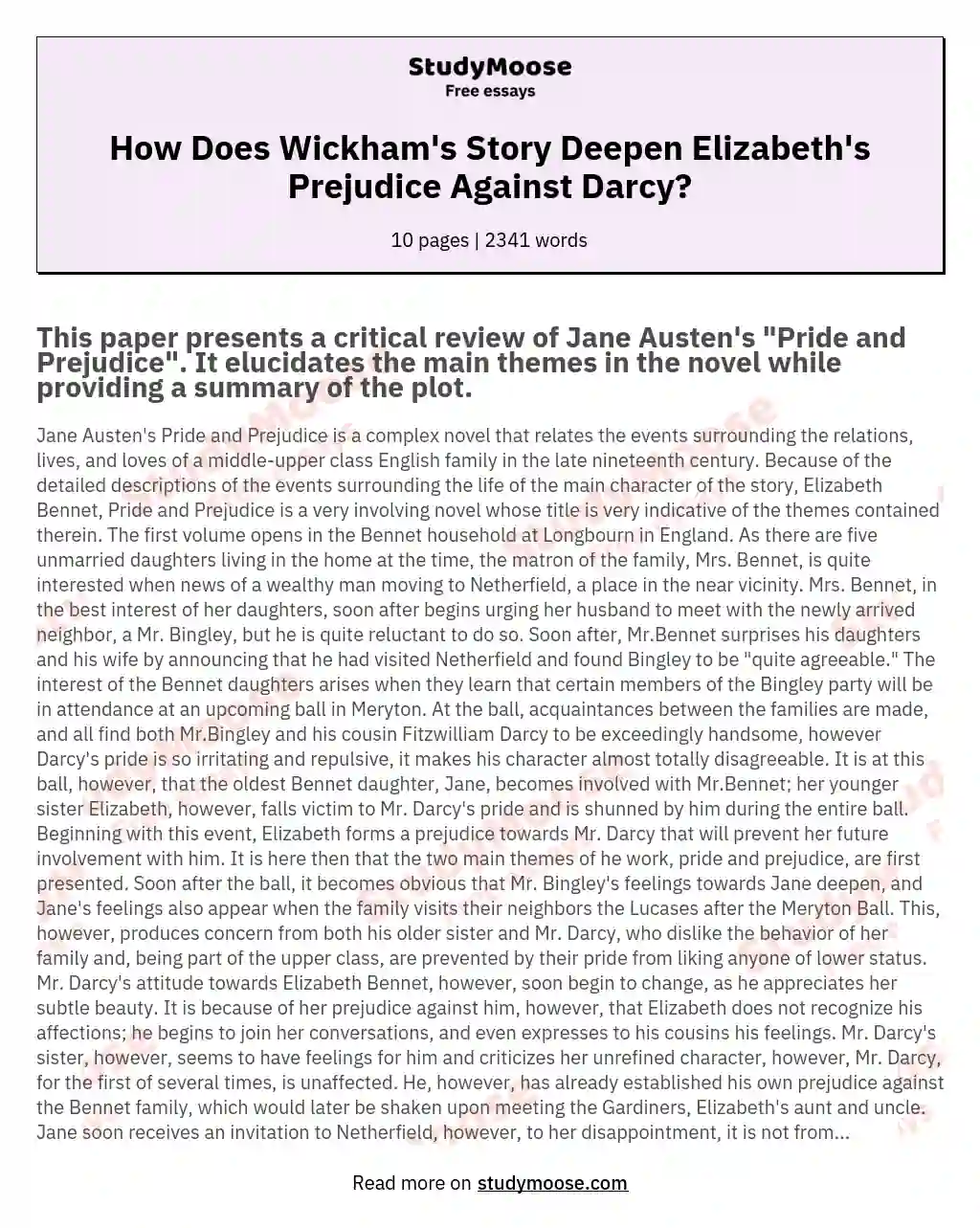 How Does Wickham's Story Deepen Elizabeth's Prejudice Against Darcy? essay