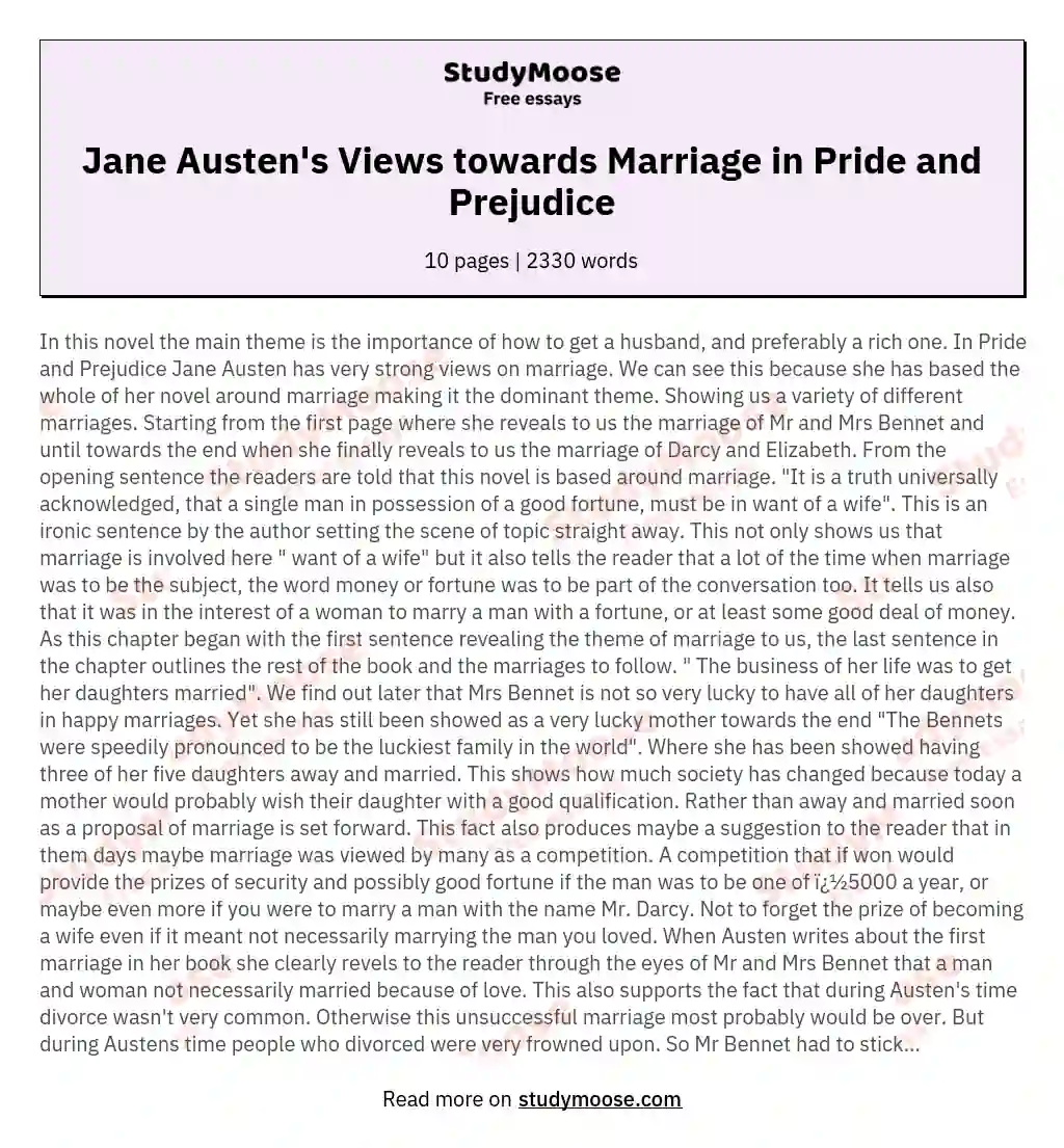 Jane Austen's Views towards Marriage in Pride and Prejudice essay