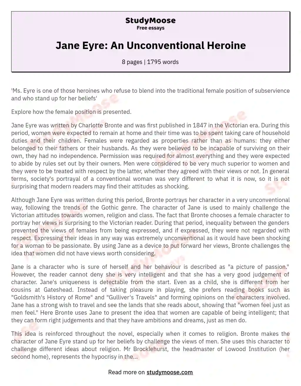 Jane Eyre: An Unconventional Heroine essay