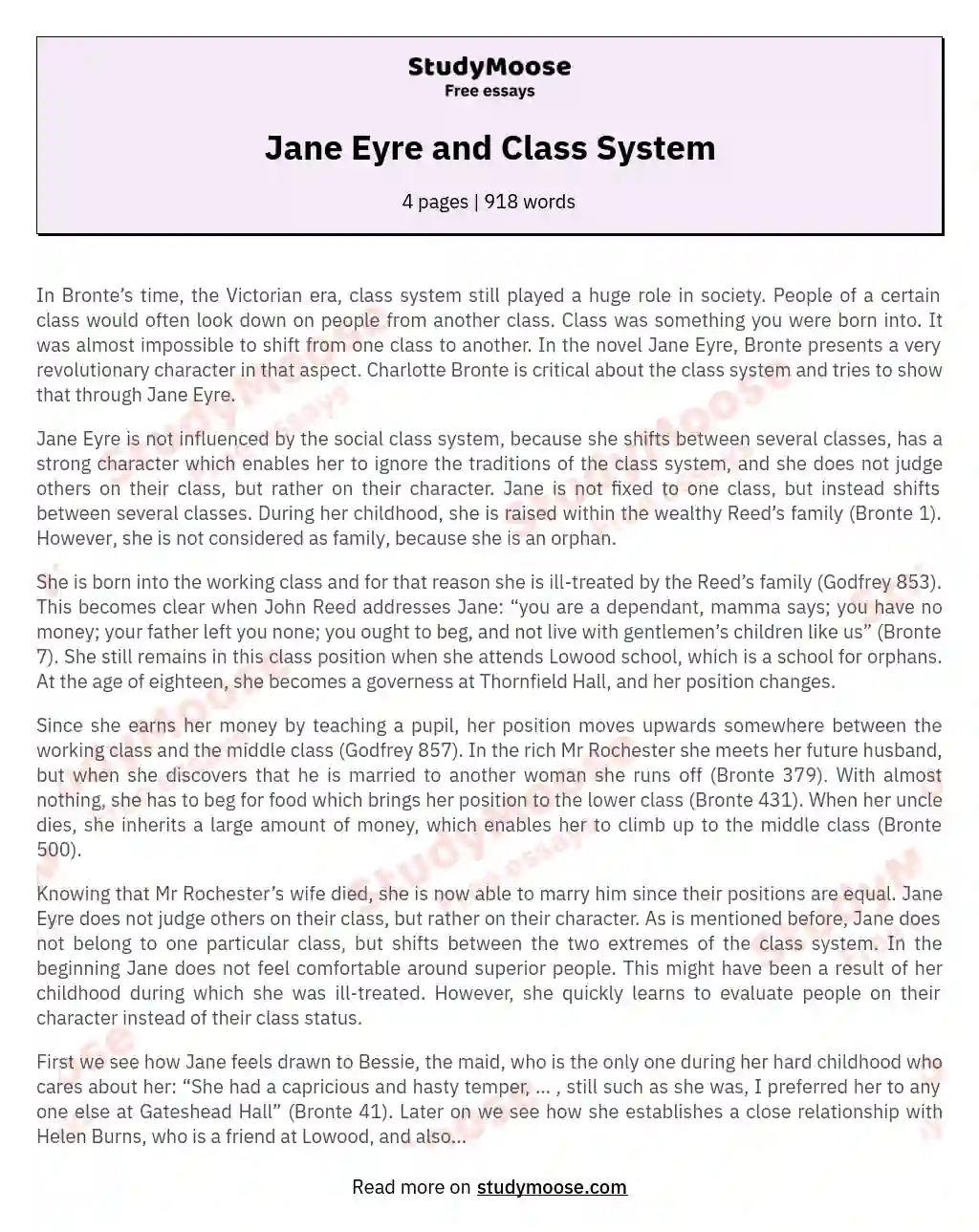 Jane Eyre and Class System essay