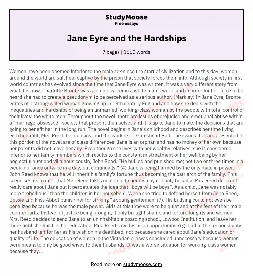 Jane Eyre and the Hardships essay