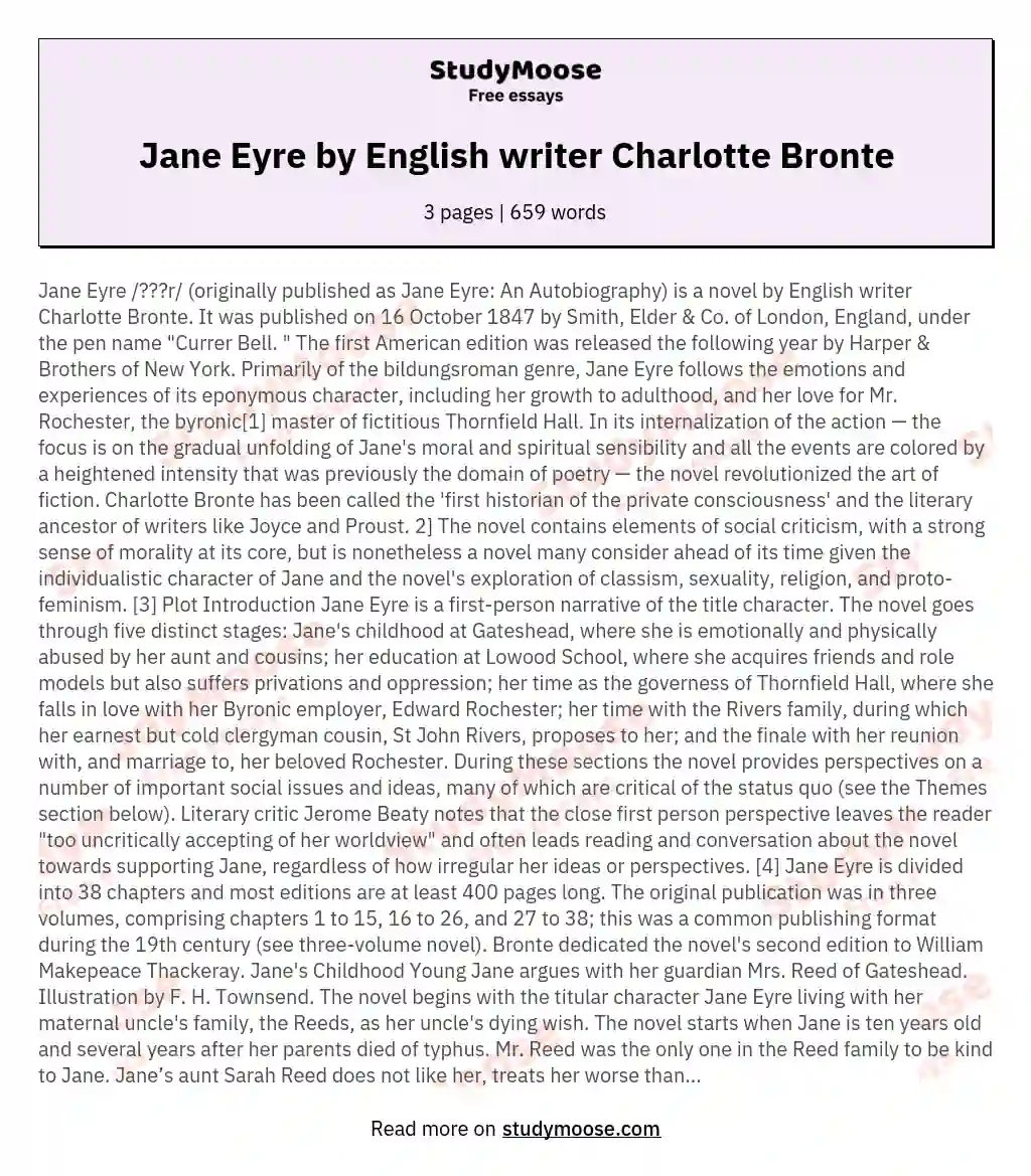 Jane Eyre by English writer Charlotte Bronte essay