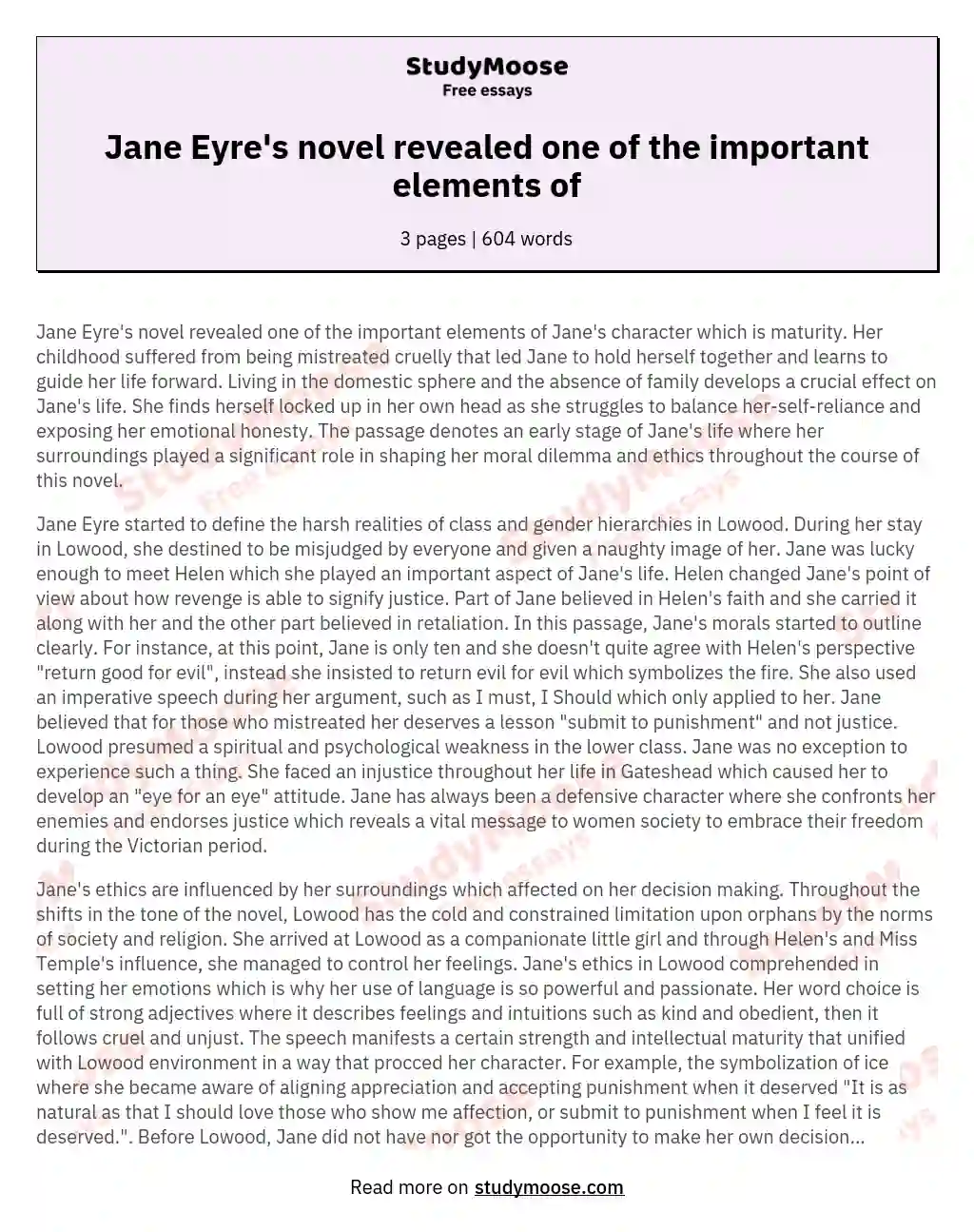 Jane Eyre's novel revealed one of the important elements of essay