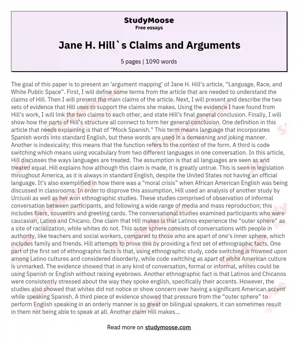 Jane H. Hill`s Claims and Arguments essay