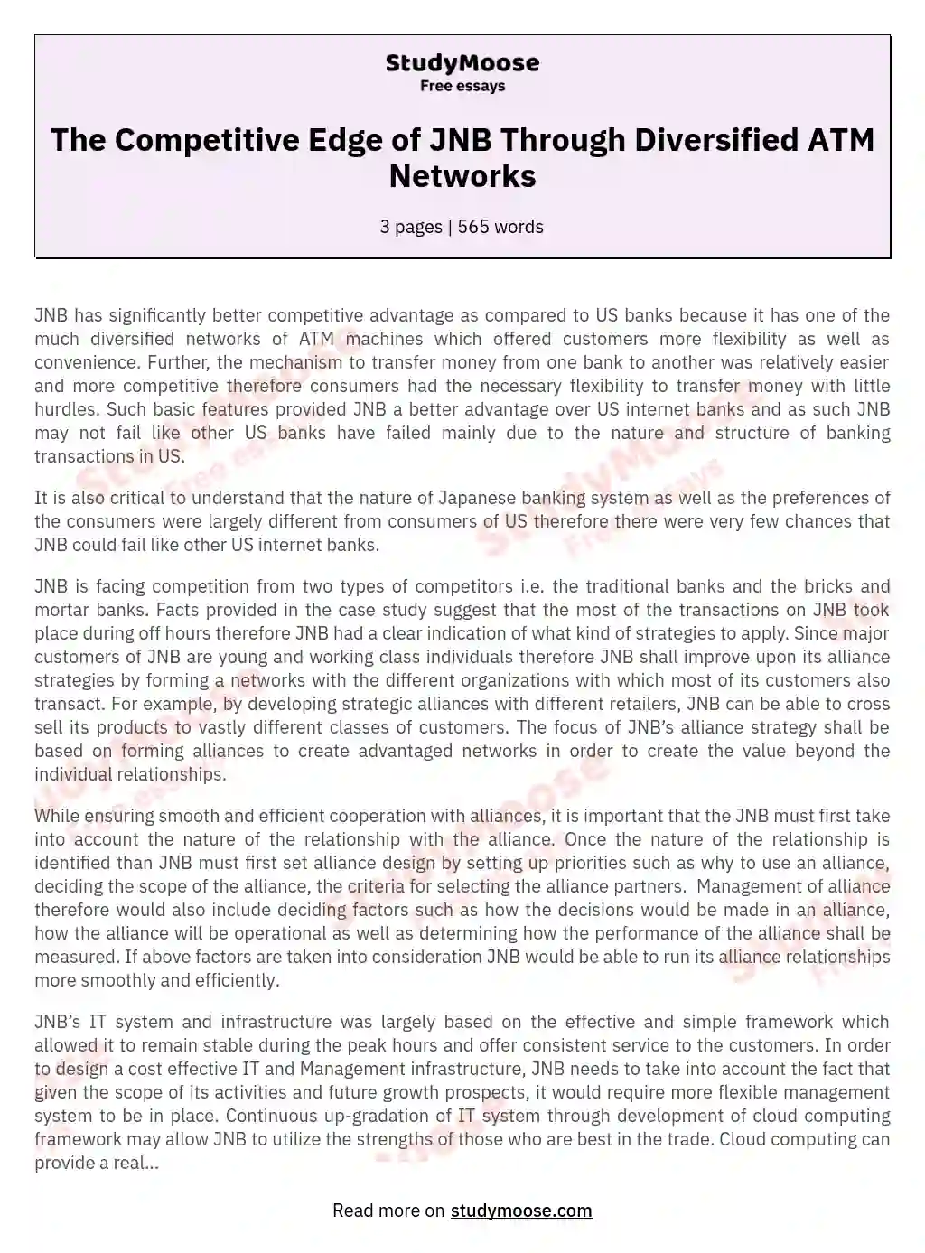 The Competitive Edge of JNB Through Diversified ATM Networks essay