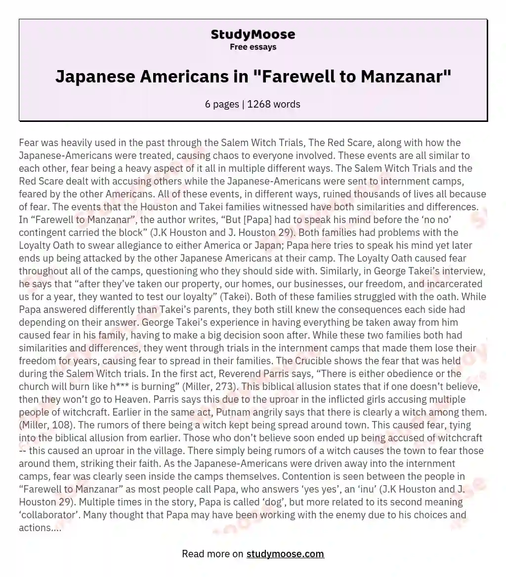 Japanese Americans in "Farewell to Manzanar" essay