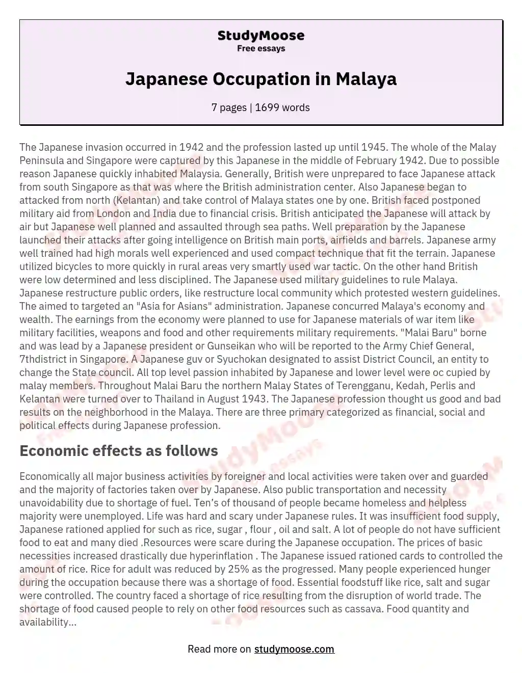 Japanese Occupation in Malaya essay