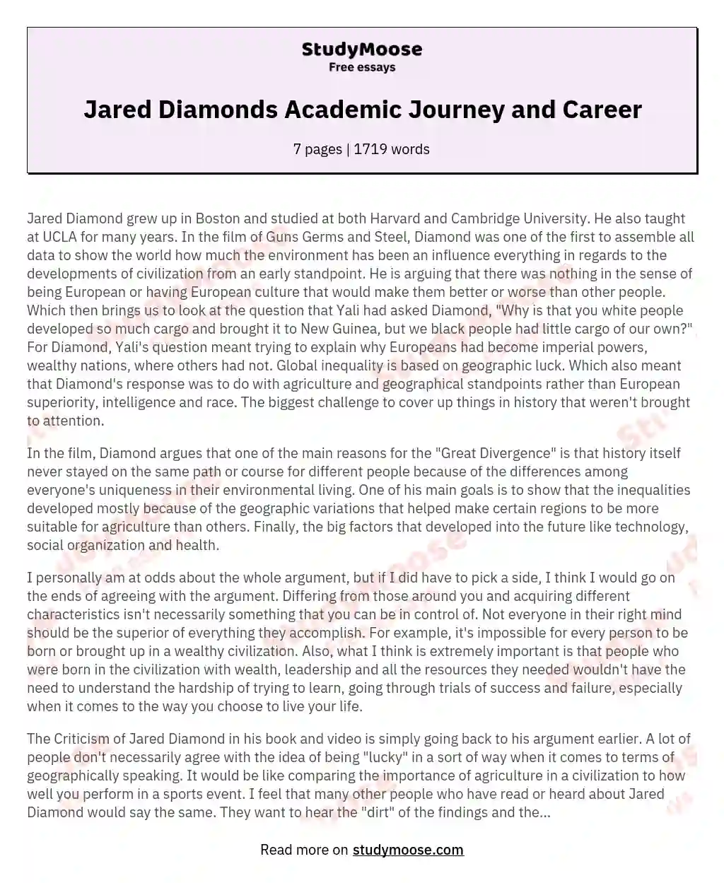 Jared Diamonds Academic Journey and Career essay