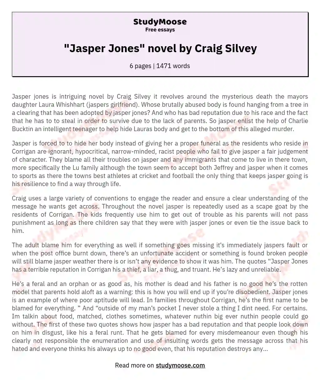 "Jasper Jones" novel by Craig Silvey essay