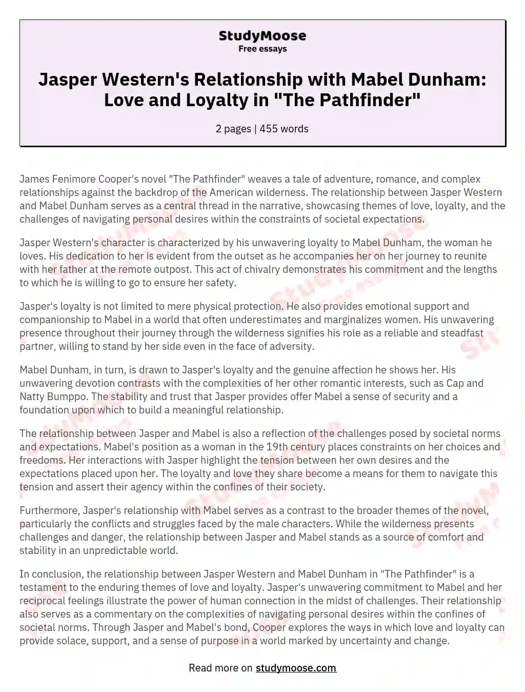 Jasper Western's Relationship with Mabel Dunham: Love and Loyalty in "The Pathfinder" essay