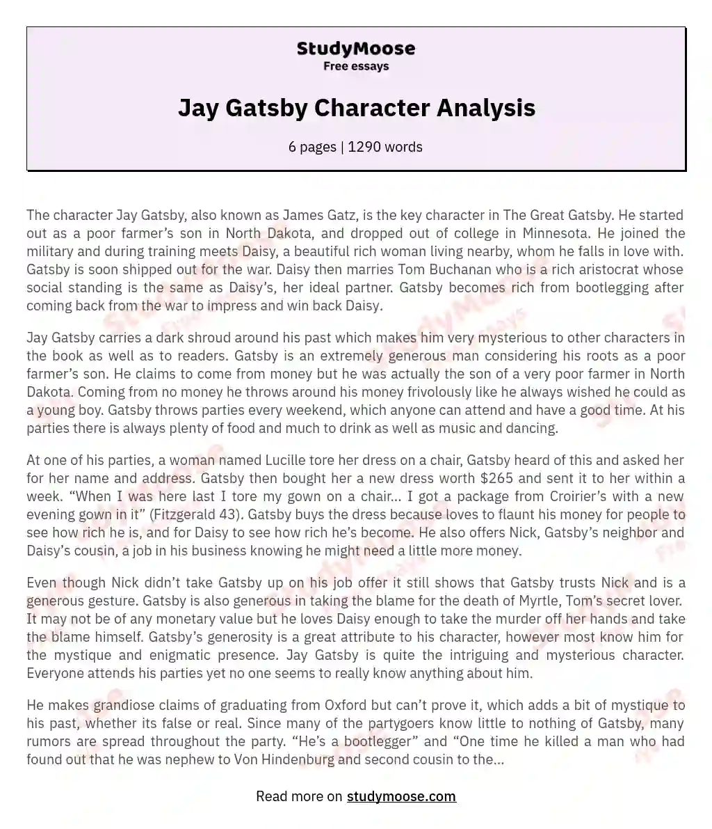 Jay Gatsby Character Analysis essay