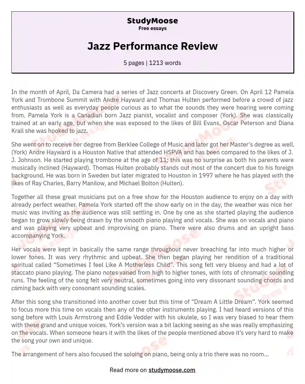 Jazz Performance Review essay