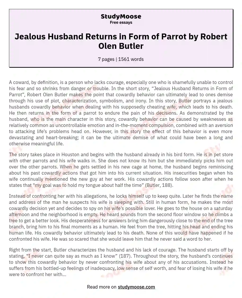 Jealous Husband Returns in Form of Parrot by Robert Olen Butler essay