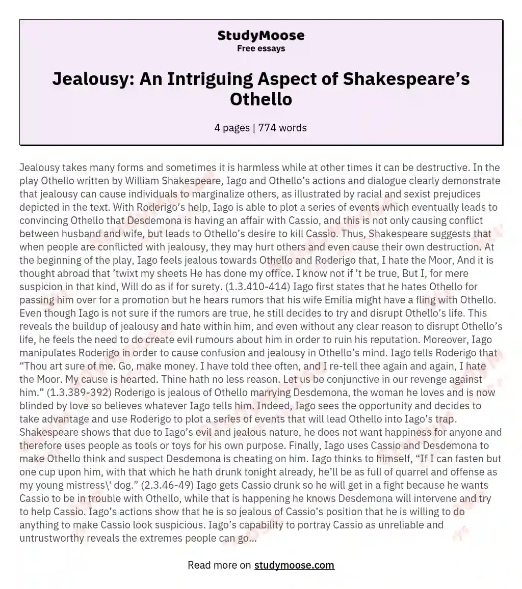 Jealousy: An Intriguing Aspect of Shakespeare’s Othello essay