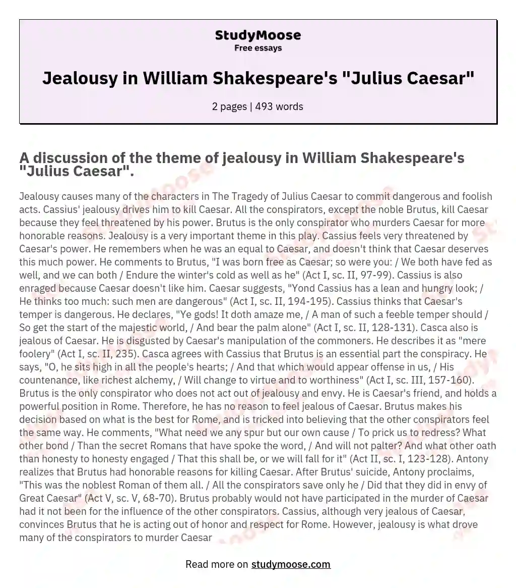 Jealousy in William Shakespeare's "Julius Caesar" essay