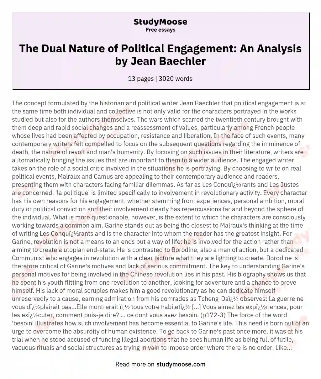 The Dual Nature of Political Engagement: An Analysis by Jean Baechler essay