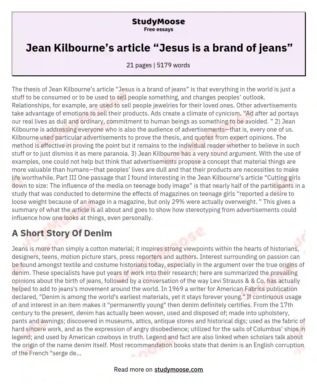 Jean Kilbourne’s article “Jesus is a brand of jeans” essay