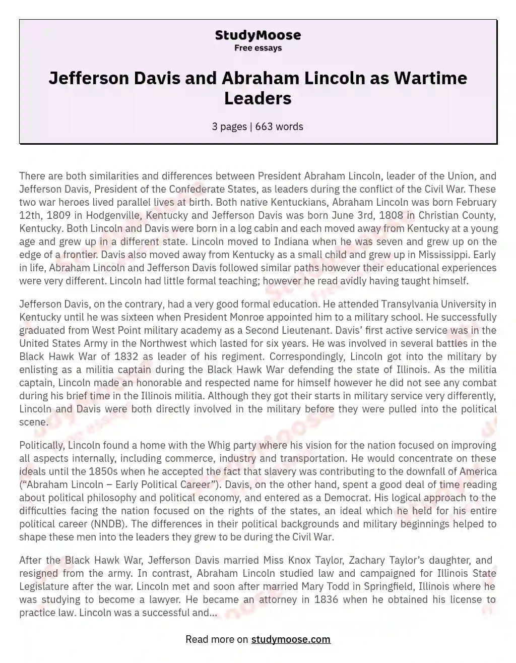 Jefferson Davis and Abraham Lincoln as Wartime Leaders essay