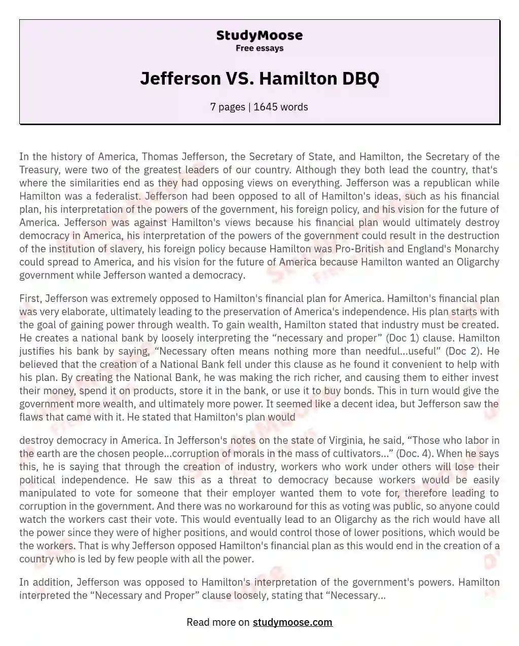 Jefferson VS. Hamilton DBQ