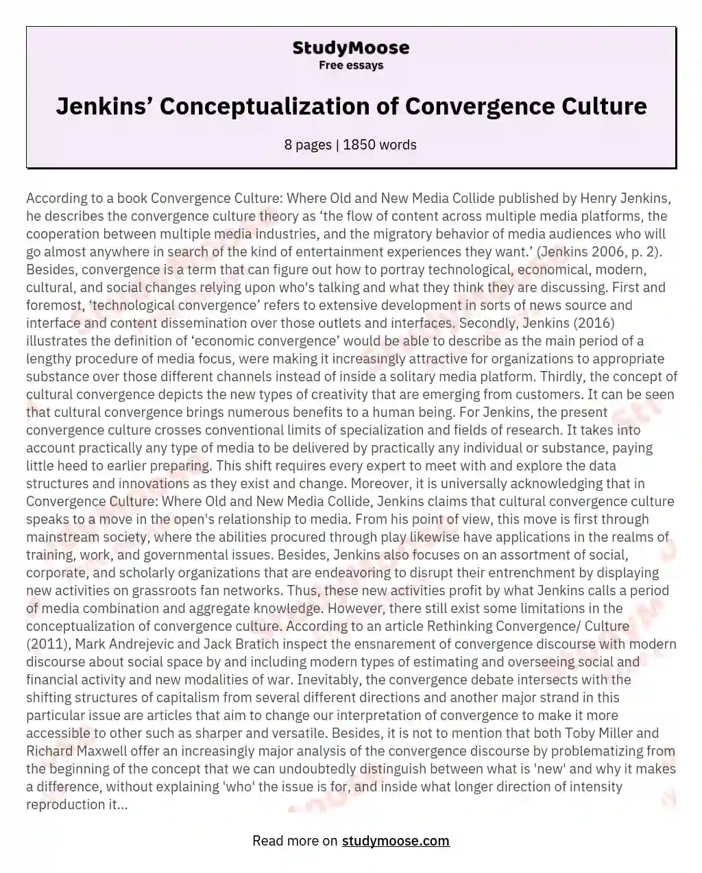 Jenkins’ Conceptualization of Convergence Culture essay