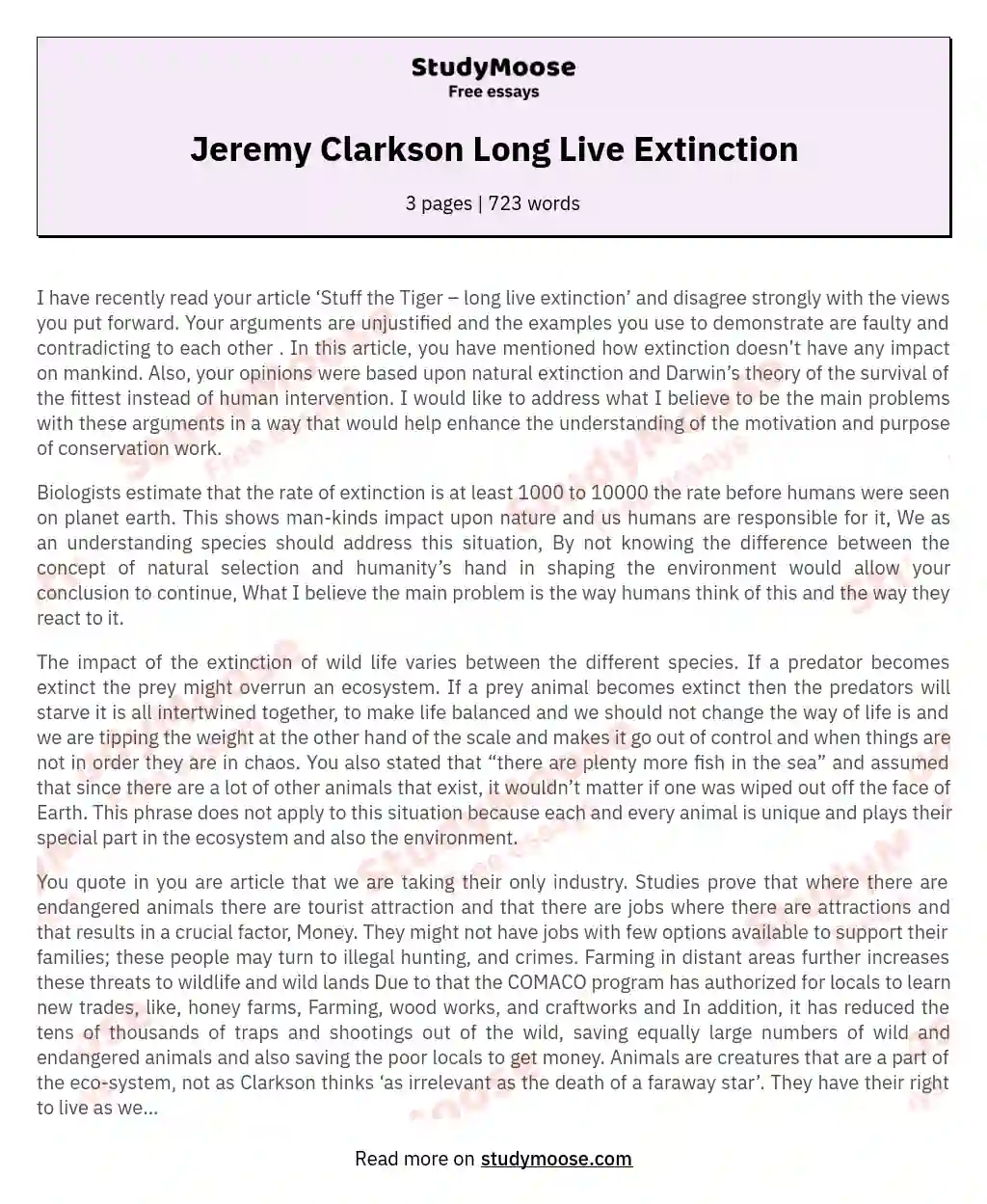 Jeremy Clarkson Long Live Extinction essay