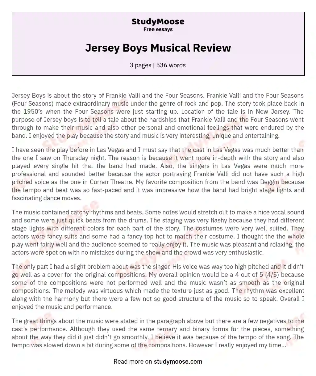 Jersey Boys Musical Review essay