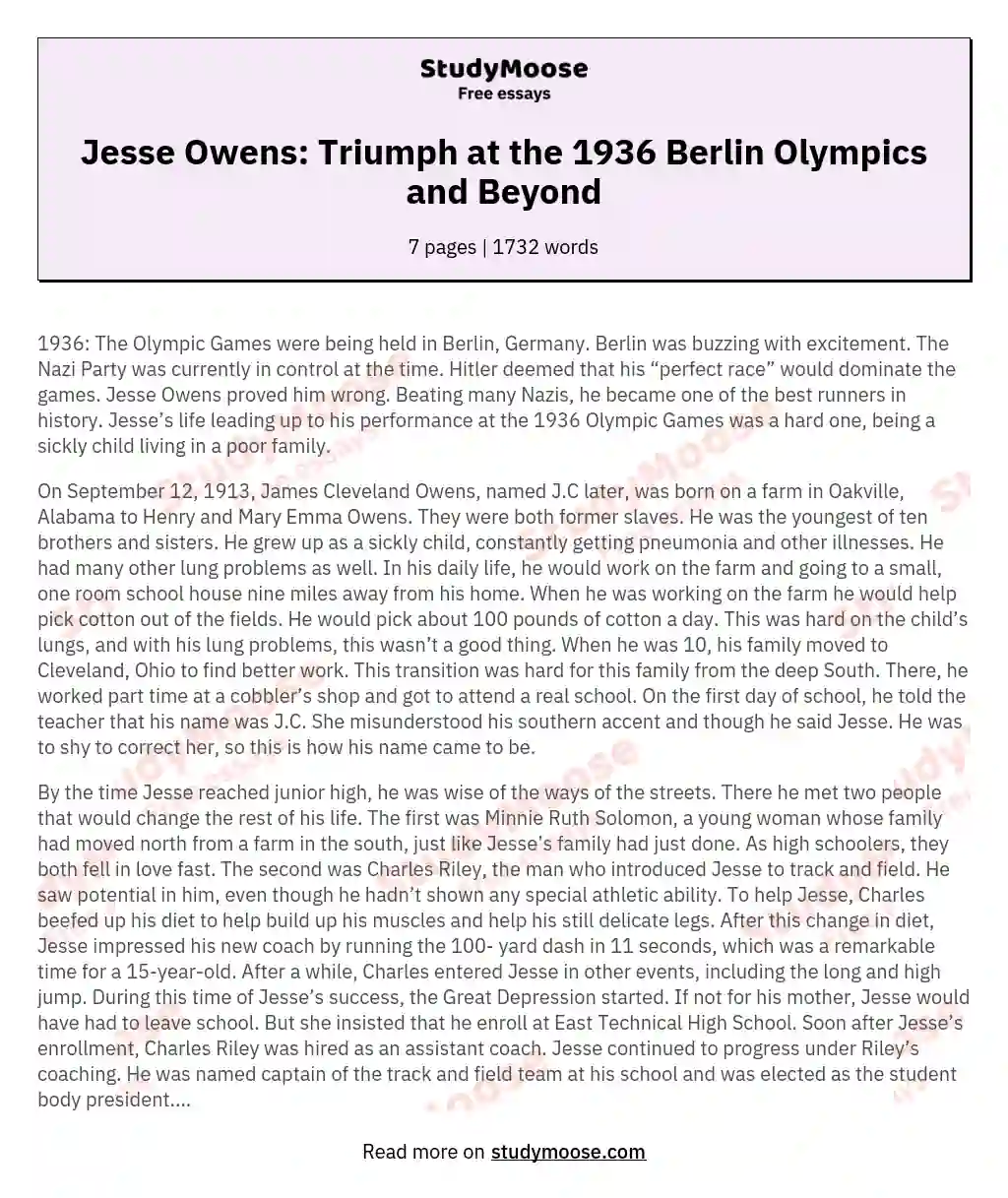 Jesse Owens: Triumph at the 1936 Berlin Olympics and Beyond essay