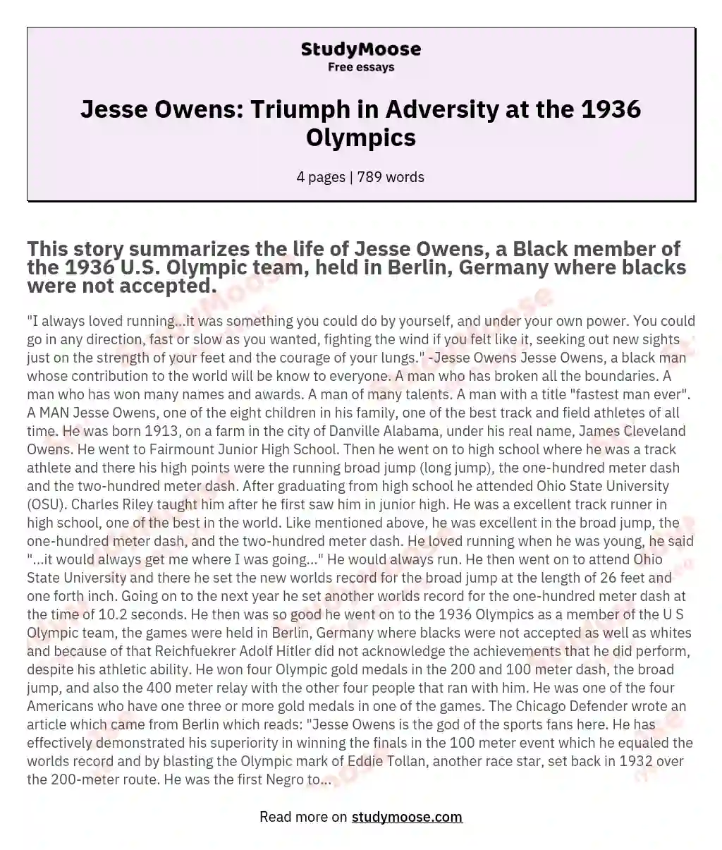 Jesse Owens: Triumph in Adversity at the 1936 Olympics essay