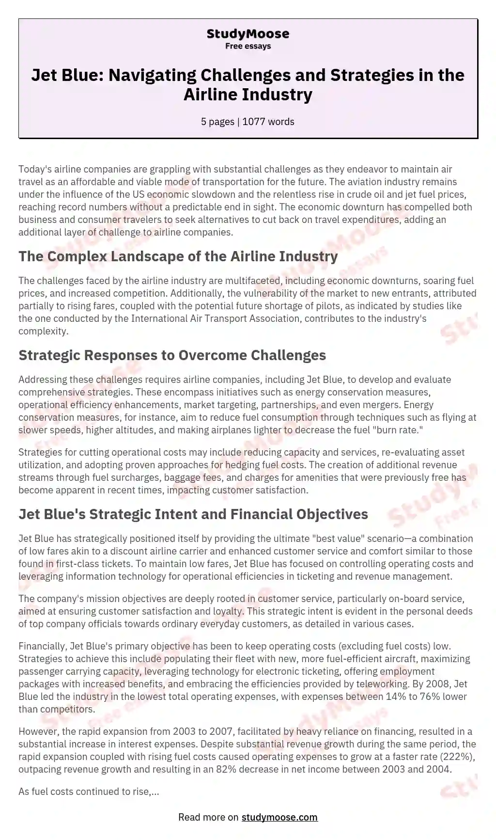 Jet Blue: Navigating Challenges and Strategies in the Airline Industry essay
