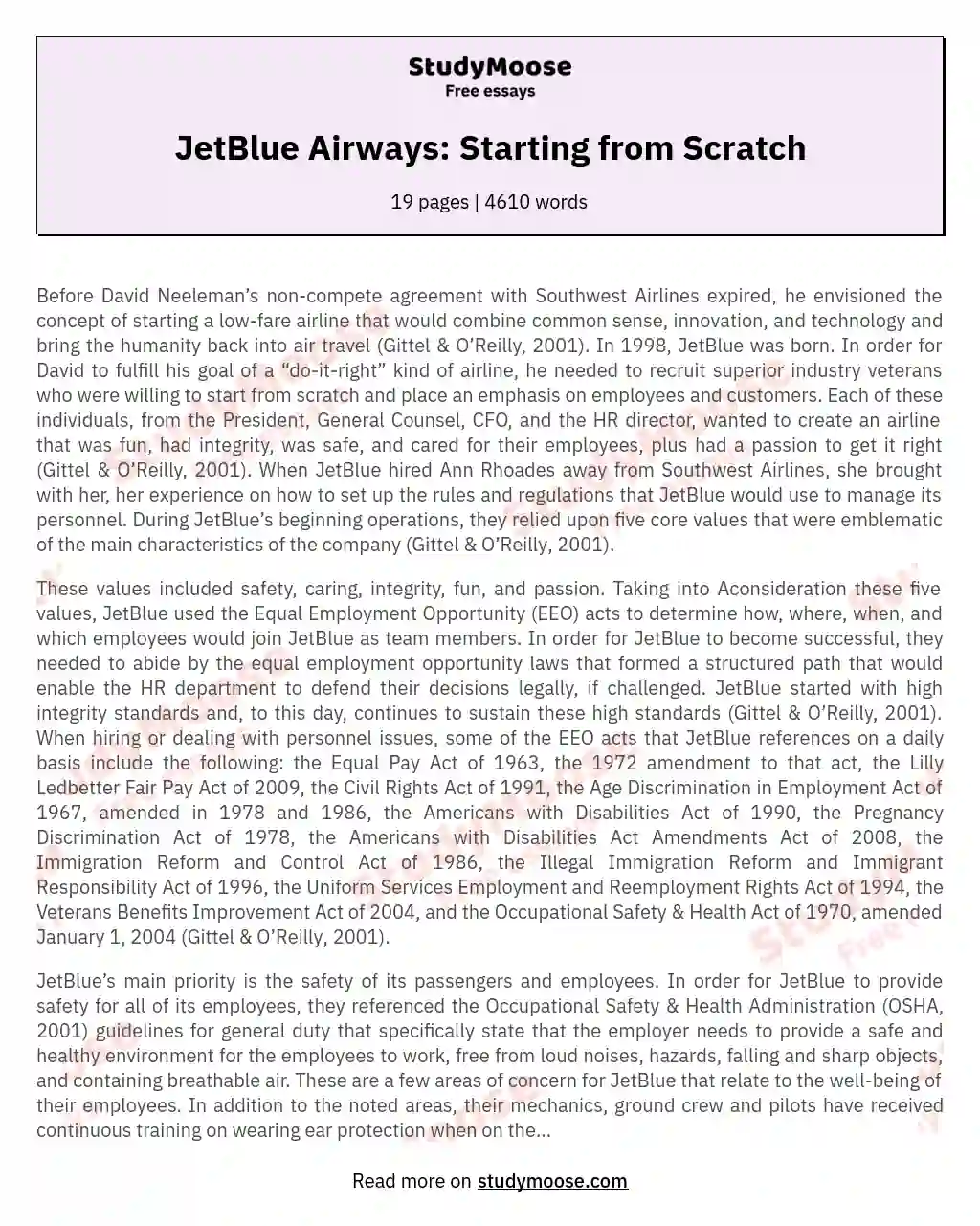 JetBlue Airways: Starting from Scratch essay