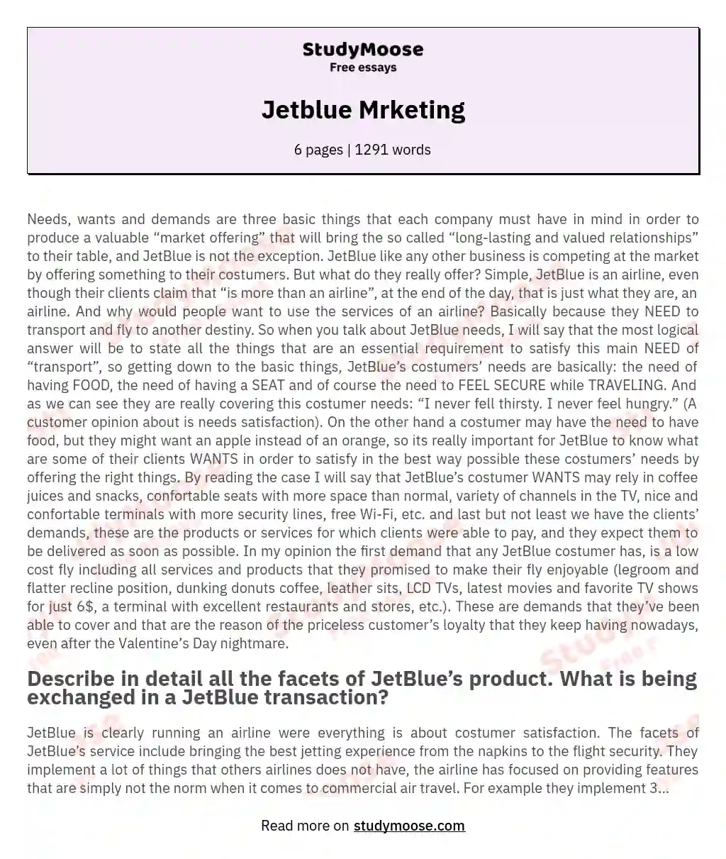 Jetblue Mrketing essay