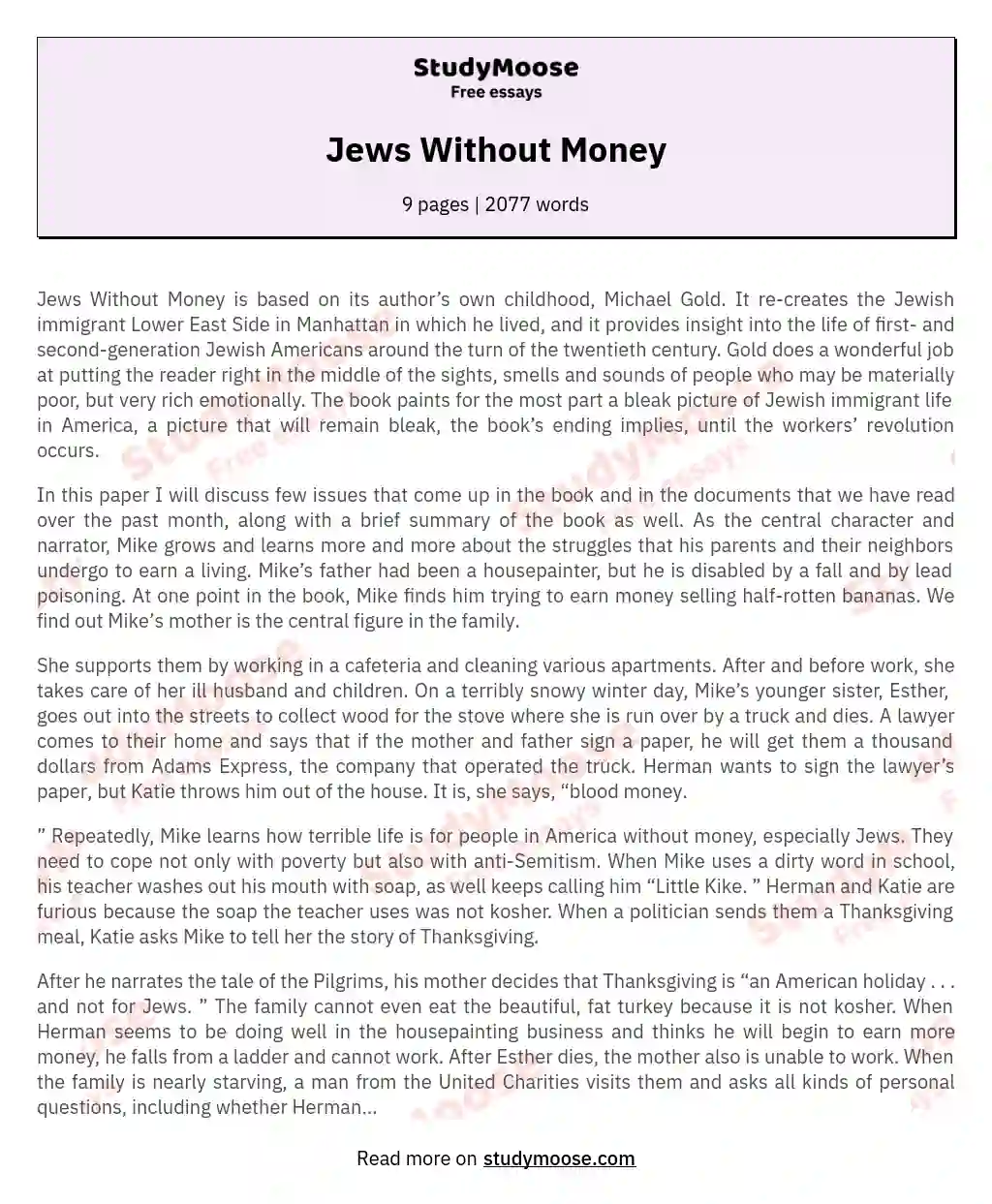 Jews Without Money essay