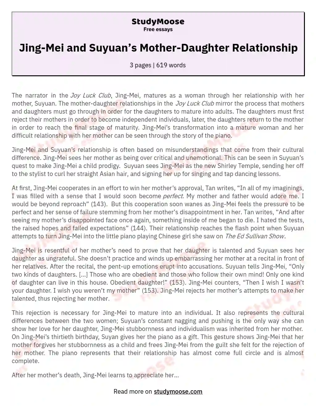 Jing-Mei and Suyuan’s Mother-Daughter Relationship essay