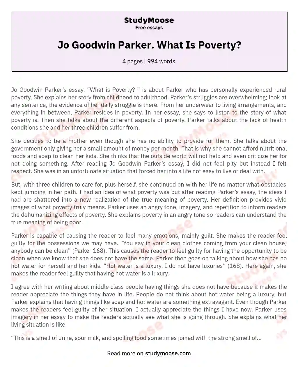 Jo Goodwin Parker. What Is Poverty? essay