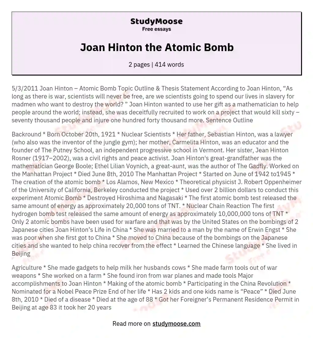 Joan Hinton the Atomic Bomb