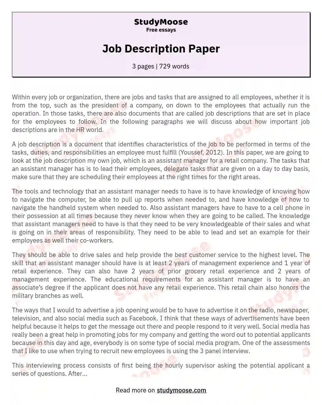 Job Description Paper essay