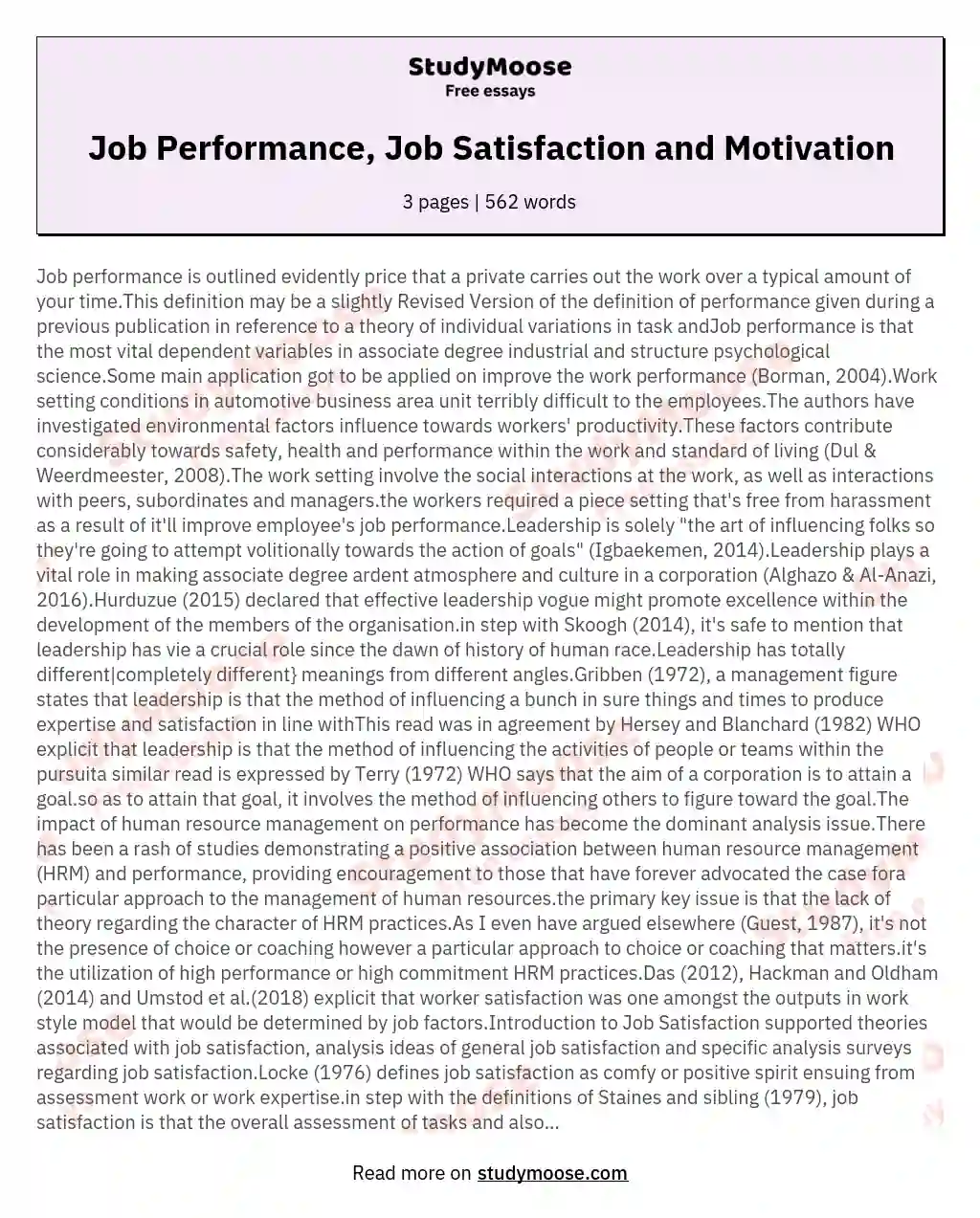 Job Performance, Job Satisfaction and Motivation