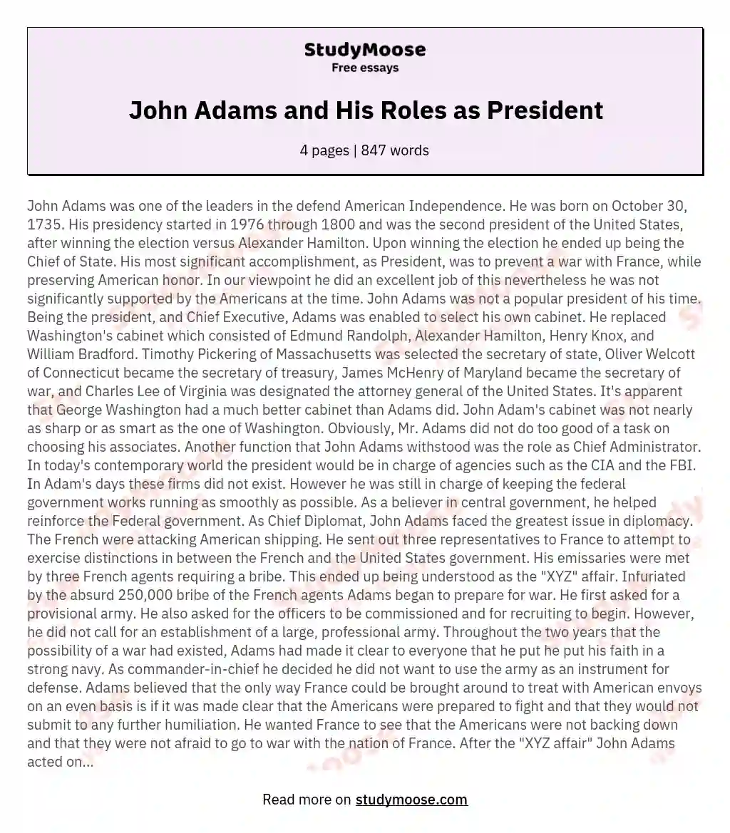 John Adams and His Roles as President essay