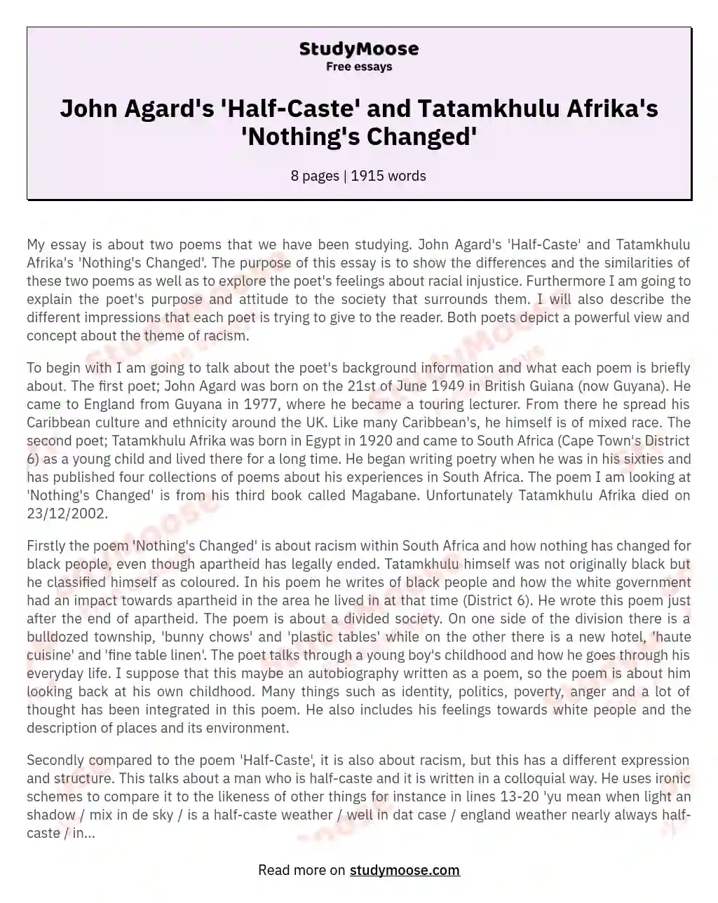 John Agard's 'Half-Caste' and Tatamkhulu Afrika's 'Nothing's Changed' essay
