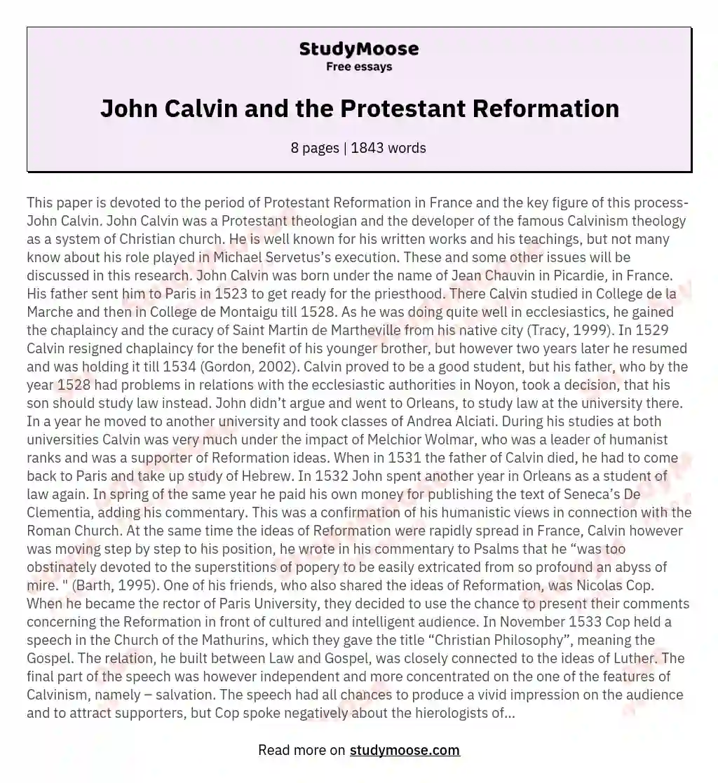 John Calvin and the Protestant Reformation essay