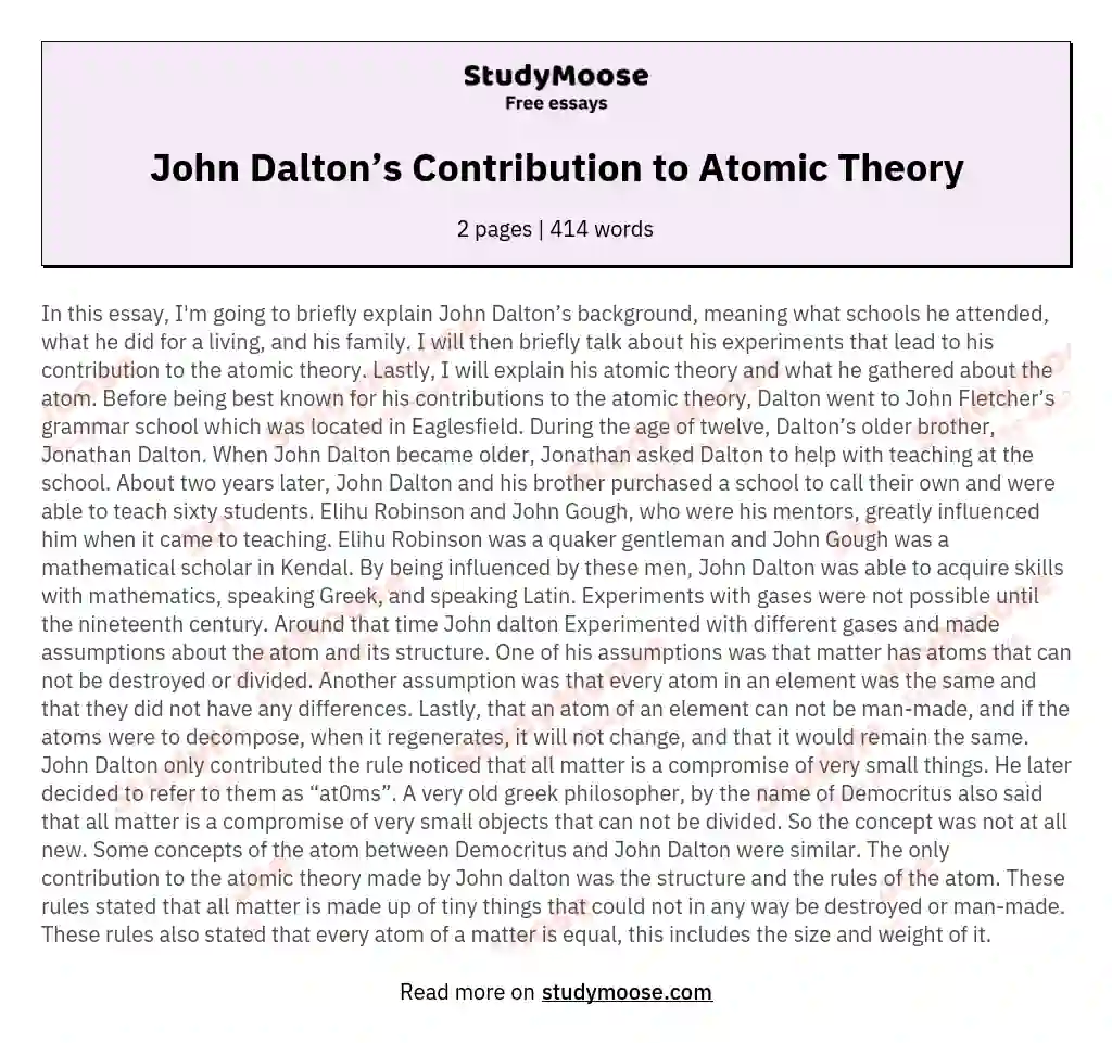 John Dalton’s Contribution to Atomic Theory essay