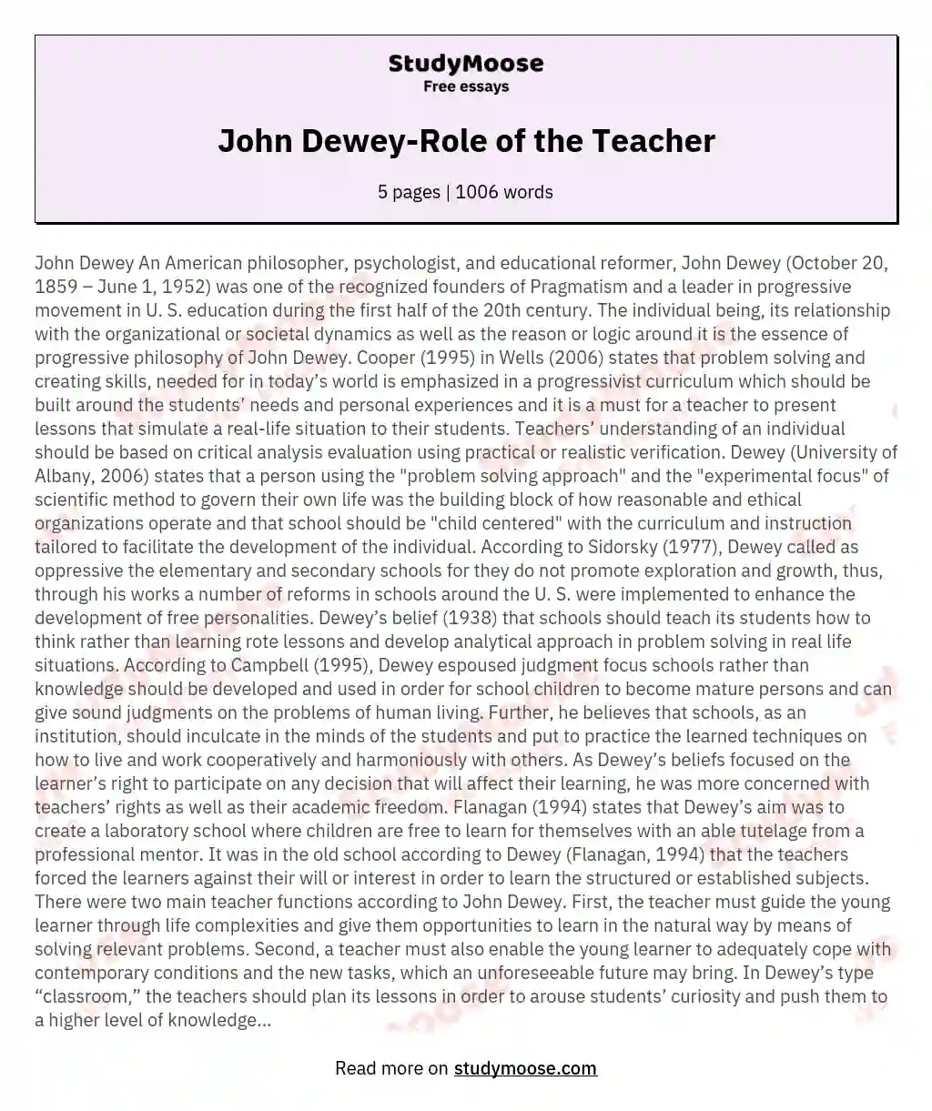 John Dewey-Role of the Teacher essay