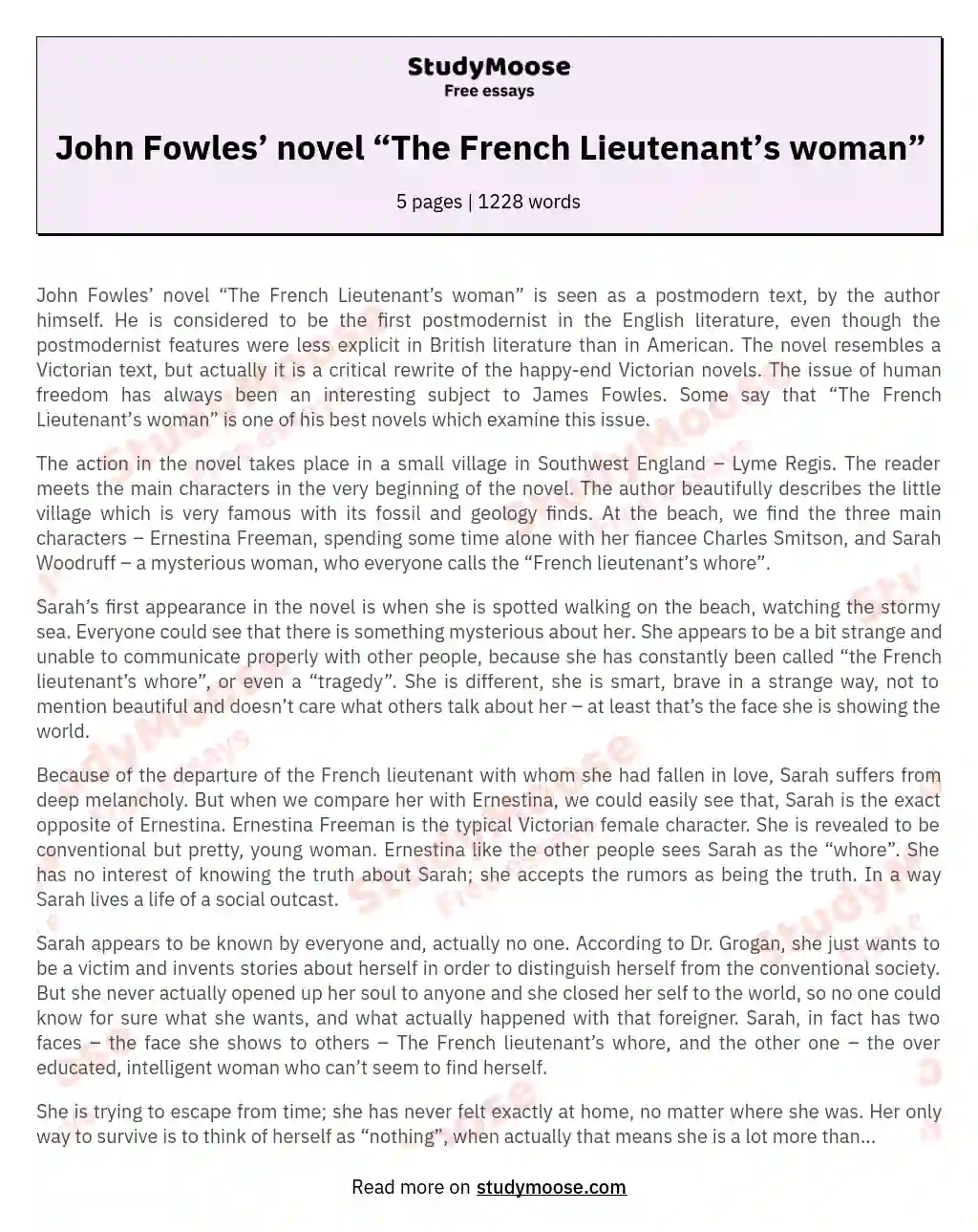 John Fowles’ novel “The French Lieutenant’s woman” essay