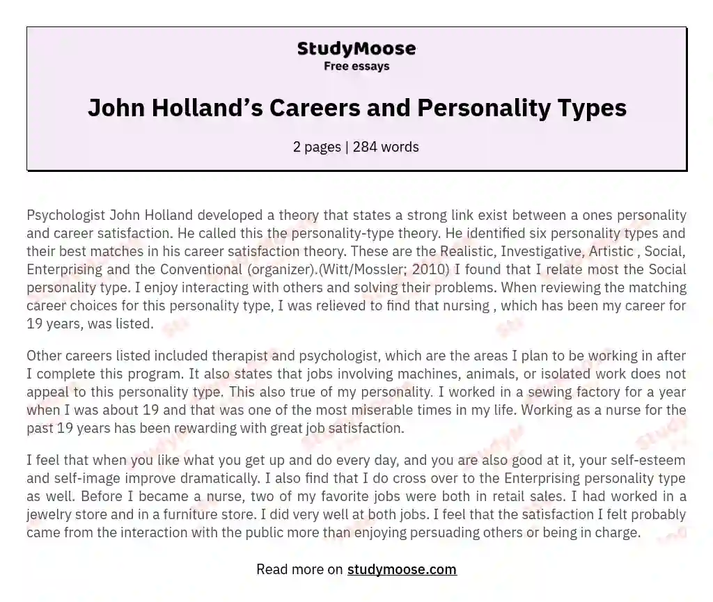 John Holland’s Careers and Personality Types essay