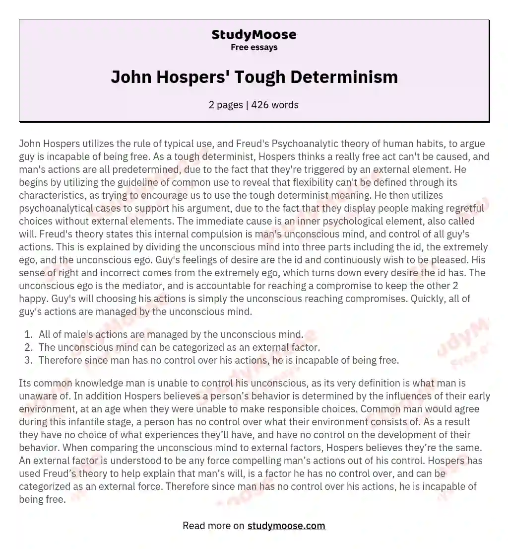 John Hospers' Tough Determinism essay