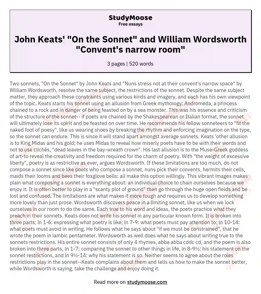 John Keats' "On the Sonnet" and William Wordsworth "Convent's narrow room" essay