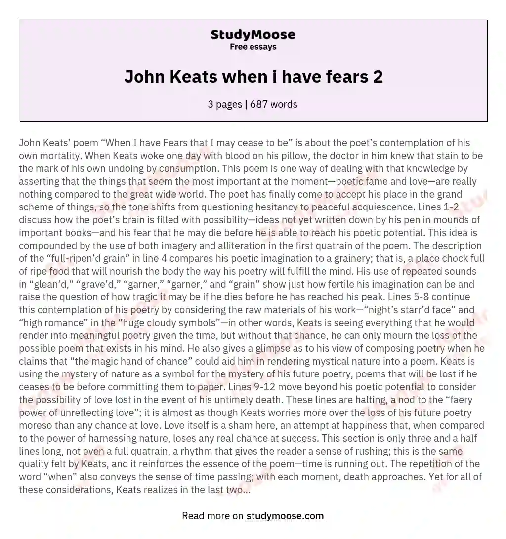 John Keats when i have fears 2 essay