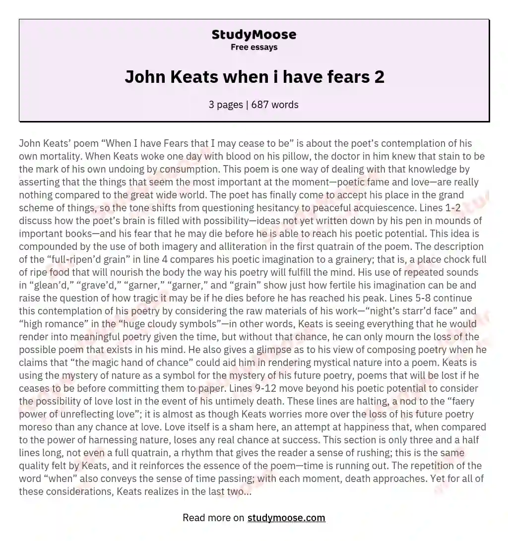 John Keats When I Have Fears 2 Free Essay Example