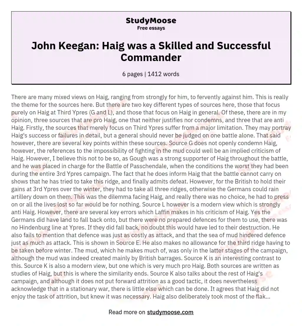 John Keegan: Haig was a Skilled and Successful Commander essay